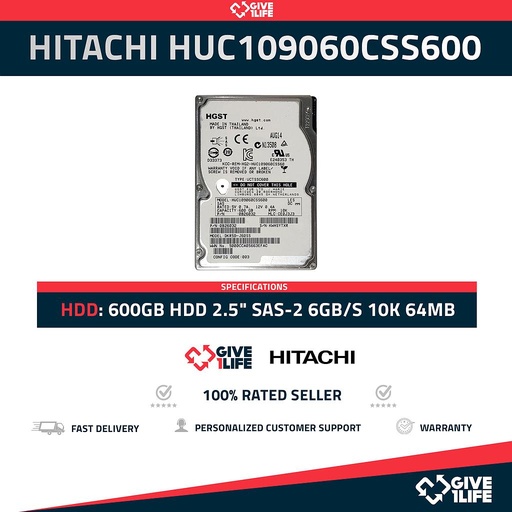 [819] HITACHI HUC109060CSS600 600GB HDD 2.5" SAS-2 6GB/S 10K 64MB