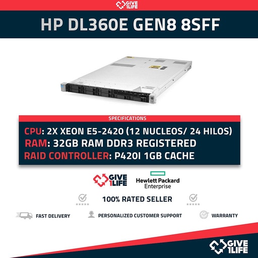 [1337] HP DL360E G8 8SFF 2XE5-2420 (12 NUCLEOS / 24 HILOS) + 32GB + P420+ 4x 600GB SAS
