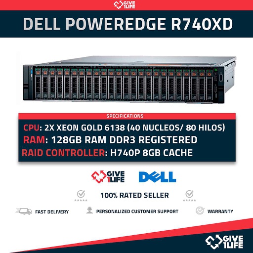 [1338] Servidor Rack DELL PowerEdge R740XD 24 SFF "8 NVME" 2x Gold 6138 + 128GB DDR4+ H740P