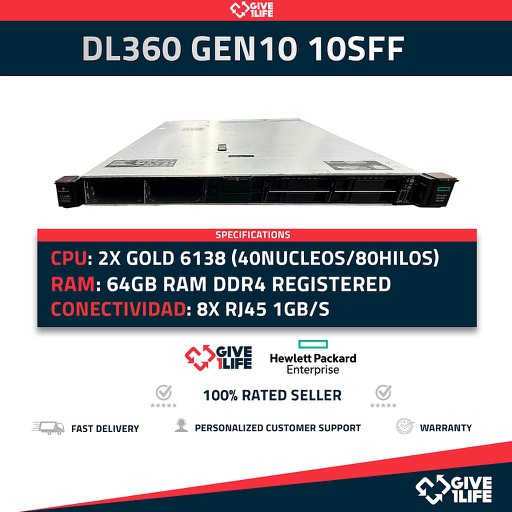 [1342] HP Proliant DL360 Gen10 10SFF 2x Gold 6138 (40 Núcleos/ 80 Hilos) 64GB ECC DDR4 P408i-a SR/2GB 331FLR 2x PSU