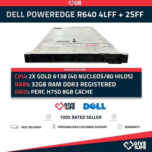 [1373] DELL PowerEdge R640 4LFF + 2SFF NVME 2x Xeon Gold 6138 40 Núcleos 80 Hilos 32GB RAM PERC H750 8GB CACHE