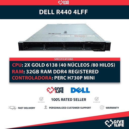 [1379] Dell PowerEdge R440 4LFF 2x Xeon Gold 6138 40 Núcleos 80 Hilos 32GB RAM DDR4 PERC H730P