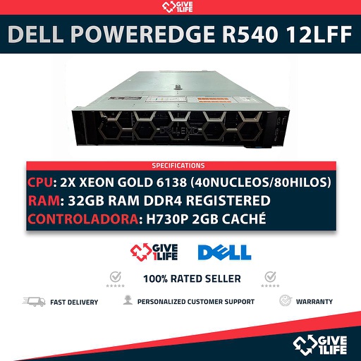[1423] Dell PowerEdge R540 12LFF 2x Xeon Gold 6138 40 Núcleos 80 Hilos 32GB RAM DDR4 H730P 2GB CACHÉ