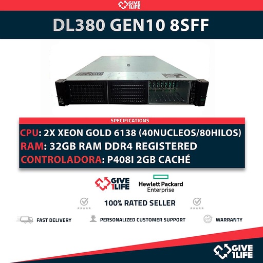 [1424] HP Proliant DL380 Gen10 8SFF 2x Gold 6138 (40 Núcleos 80 Hilos) 32GB RAM P408i-a SR 331 FLR 2 PSU