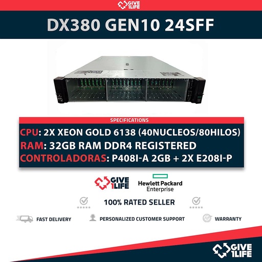 [1427] HP Proliant DX380 Gen10 24SFF 2x Gold 6138 (40 Núcleos 80 Hilos) 32GB RAM P408i-a SR 2 E208i-p SR  2 PSU 800W