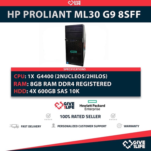[1430] HP Proliant ML30 G9 8SFF 1x G4400 + 8GB RAM DDR4+ P440AR + 2PSU + 4X 600GB HDD