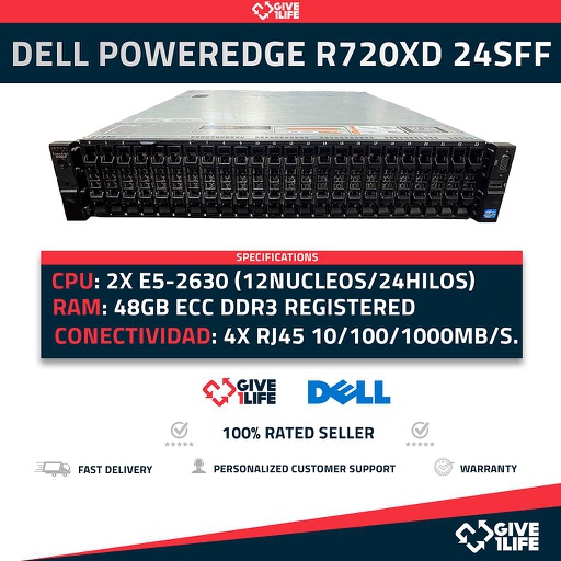 [5e117505352e] Servidor Rack DELL R720XD 24SFF 2xE5-2630 + 48GB RAM + H710 + 4x1GB LAN