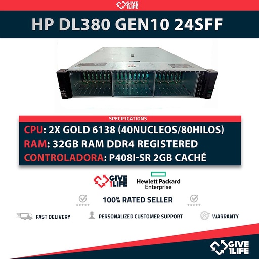 [1462] HP Proliant DL380 Gen10 24SFF 2x Xeon Gold 6138 (40 Núcleos / 80 Hilos) 32GB RAM P408i-a SR 2 PSU