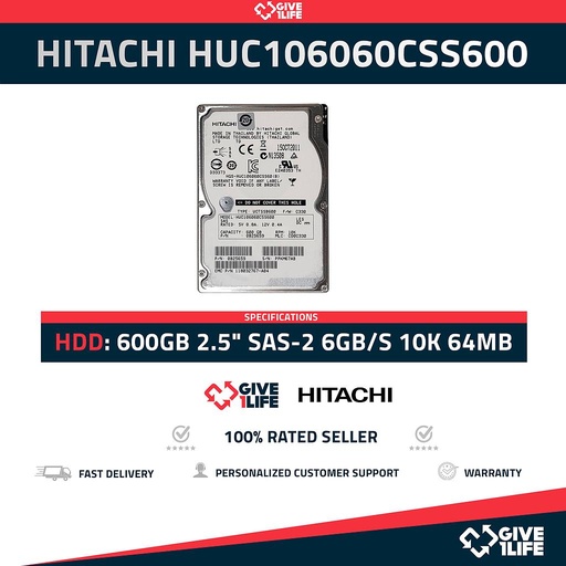 [821] HITACHI HUC106060CSS600 600GB HDD 2.5" SAS-2 6GB/S 10K 64MB