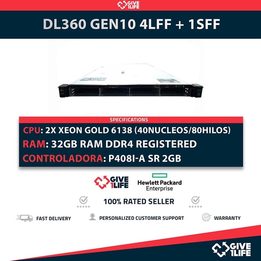 [1562] HP Proliant DL360 Gen10 4LFF + 1SFF 2x Gold 6138 (40 Núcleos/ 80 Hilos) 32GB ECC DDR4 P408i-a SR/2GB 331FLR 2x PSU