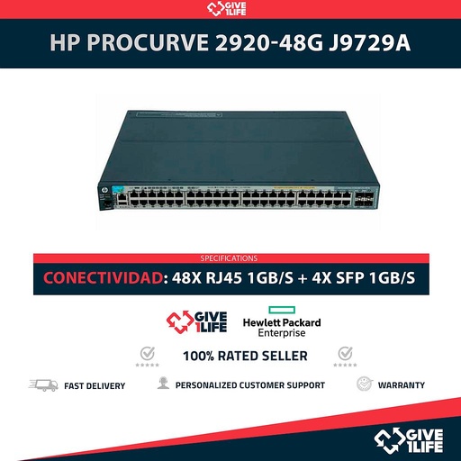 [1565] HP ProCurve Switch J9729A 2920-48G 48 Puertos POE+ RJ45 1GB/S + 4 Puertos SFP 1GB/S