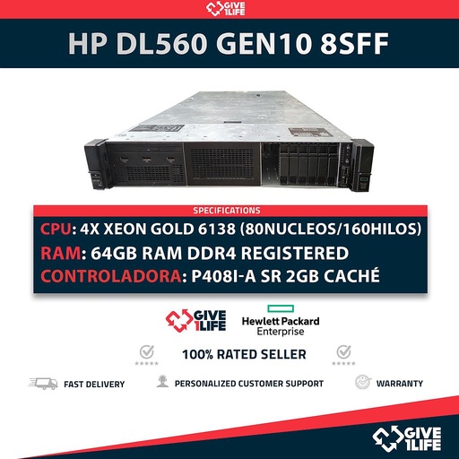 [1678] Servidor Rack HP DL560 Gen10 8SFF 4x GOLD 6138 + 64GB DDR4 + P408i-a SR 2GB Caché + 534FLR + 2 PSU