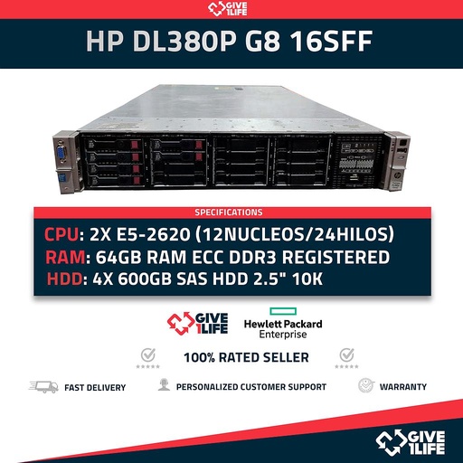 [A8] Servidor Rack HP DL380P G8 16SFF 2xE5-2620 +64GB RAM +P420i +2PSU HSTNS-5163