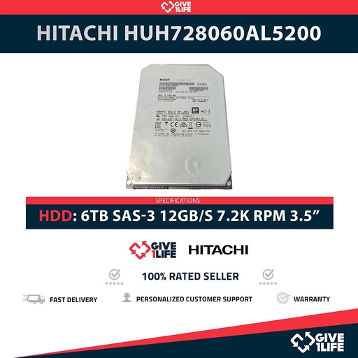 [1795] HITACHI HUH728060AL5200 6TB HDD 3.5" SAS-3 12GB/S 7.2K RPM CACHE 128MB