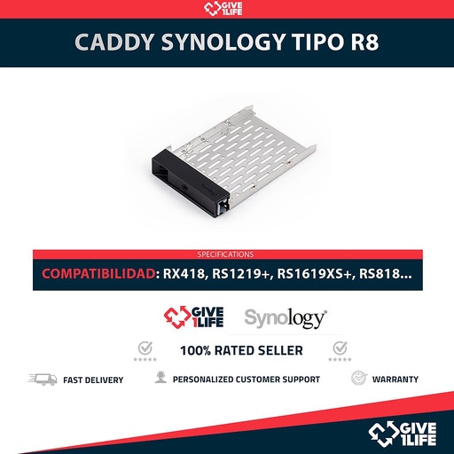 [1804] CADDY SYNOLOGY TIPO R8 3.5" LFF COMPATIBLE CON RX418, RS1219+, RS1619xs+, RS818+, RS819, RS818RP+, RS820+, RS820RP+, RS1221+, RS1221RP+, RS422 + TORNILLOS