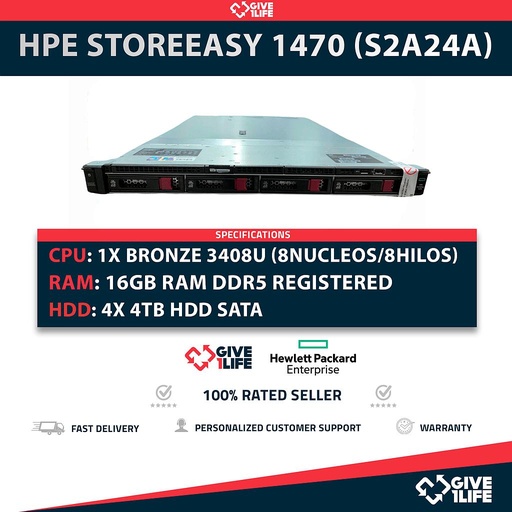 [1840] *NUEVO CON CAJA + WS 2022 IOT PREINSTALADO + GARANTÍA HP HASTA 2027* HPE StoreEasy 1470 (S2A24A) + 1x Bronze 3408U + 1x 16GB DDR5 + 4x 4TB SATA + 2x RJ-45 + 1x 500W PSU + Railes + Front Bezel