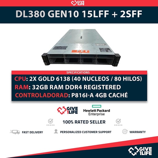 [1928] HP Proliant DL380 Gen10 15LFF + 2SFF 2x Gold 6138 (40 Núcleos 80 Hilos) 32GB RAM P816i-a SR 2x PSU
