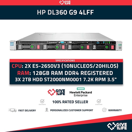[56f13e46829b] SERVIDOR RACK HP DL360 G9 4LFF E5-2650LV3+64GB DDR4+4X3TB +4 CADDY +P440AR +2PSU