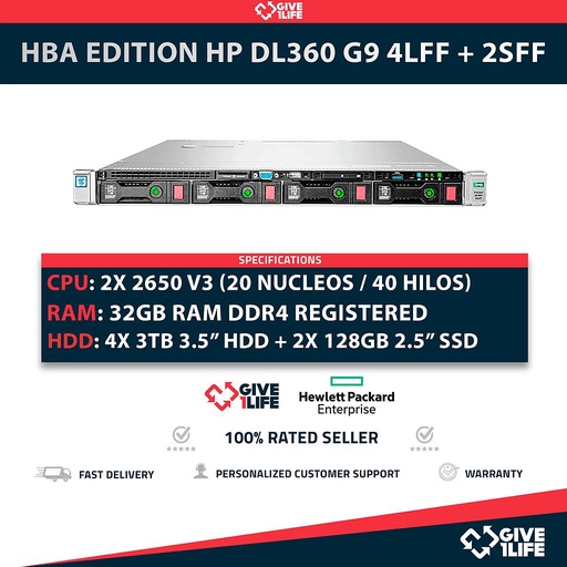 [2023] HBA EDITION HP DL360 G9 4LFF + 2SFF 2x E5-2650 V3 + 32GB RAM + H240AR + 530FLR + 2 PSU + 12TB HDD + 2 SSD