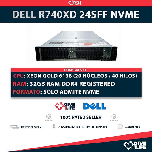 [2059] Servidor Rack DELL PowerEdge R740XD 24SFF NVME 2x Gold 6138 + 32GB DDR4 + 2 PSU