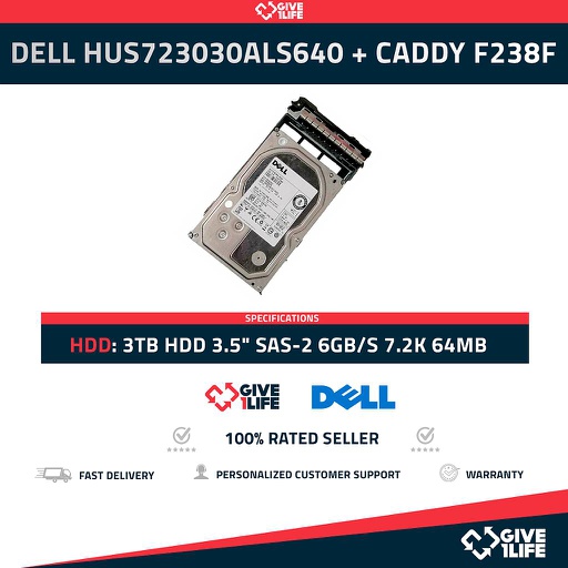 [861] DELL HUS723030ALS640 3TB HDD 3.5" SAS-2 6GB/S 7.2K 64MB - 0CWJ92 + CADDY F238F
