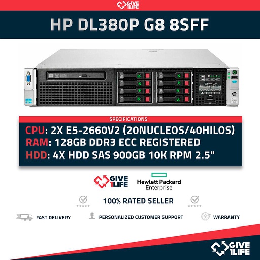[5680e6a3fff7] Servidor Rack HP DL380P G8 8SFF 2xE5-2660v2 +128GB RAM +P420 +2PSU HSTNS-5163