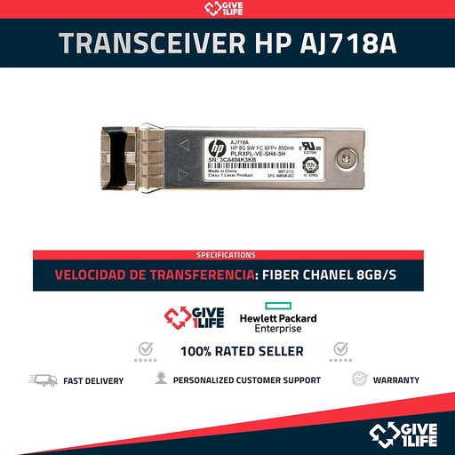 [1651] AJ718A- 468508-002 HP 8GB SW FC SFP TRANSCEIVER-Canal de Fibra
