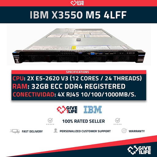 [02d38c9b7ffe] Servidor Rack IBM X3550 M5 4LFF 2xE5-2620V3 + 32GB DDR4 + M5210 + 1PSU 5463-AC1