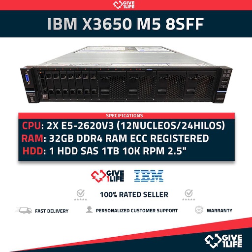 [8f1113466d0b] Servidor Rack IBM X3650 M5 8SFF 2xE5-2620V3 + 32GB DDR4 + M5210 + 2PSU 8871-AC1