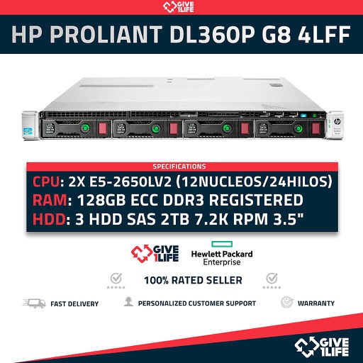 [78009ff3060a] Servidor Rack HP DL360 G8 4LFF 2x E5-2650Lv2 +128GB RAM+ P420 + 3x2TB 763480-B21