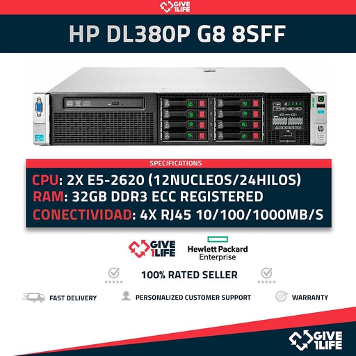 [a6f101506e29] Servidor Rack HP DL380P G8 8SFF 2xE5-2620 +32GB RAM +P420 +2PSU HSTNS-5163