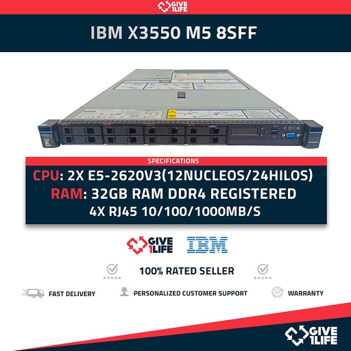 [156] Servidor Rack IBM X3550 M5 8SFF 2xE5-2620V3 + 32GB DDR4 + M5210 + 2PSU 5463-AC1