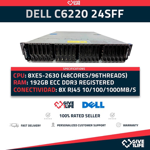 [176] Servidor Rack DELL C6220 24SFF 4x NODOS 9N44V - 8xE5-2630(48C/96T)+192GB +2PSU