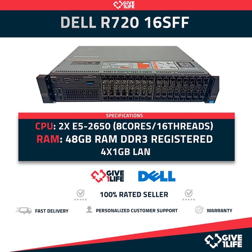 [184] DELL R720 16SFF 2X E5-2650(16CO/32TH) + 48GB RAM + H710P + 2PSU