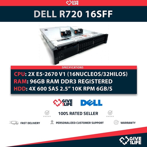 [184] Servidor Rack DELL PowerEdge R720 16SFF 2xE5-2670 + 96GB + H710 + 4x 600GB SAS