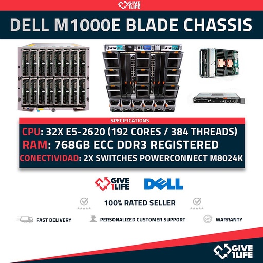 [330] DELL M1000e Blade + 16 x M620 768GB RAM 192CO/384TH + 2X M6220