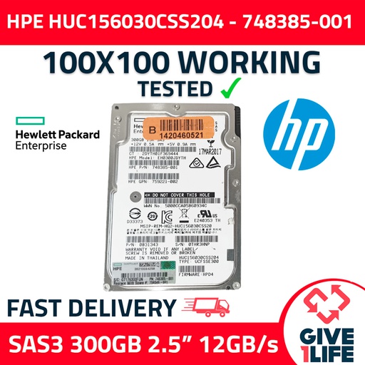 [307] HPE HUC156030CSS204 300GB HDD 2.5" SAS-3 12GB/S 15K 128MB - 748385-001