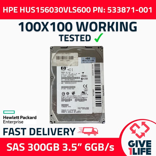 [452] HP HUS156030VLS600 HDD SAS 300GB 3.5" 15K RPM 6GB/S 64MB CACHE PN:533871-001