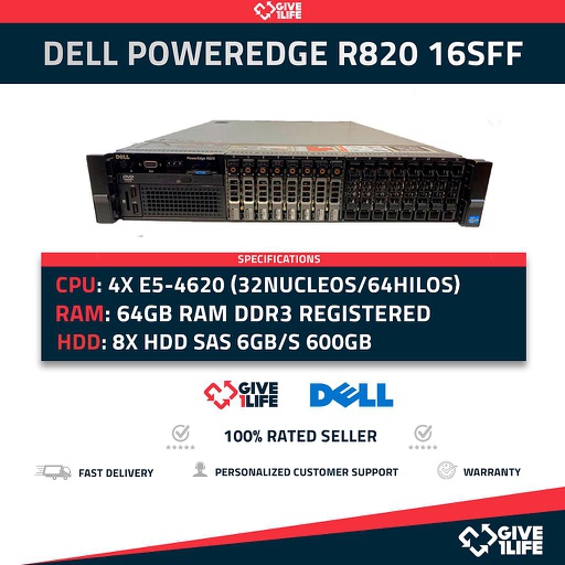 [531] Servidor Rack DELL PowerEdge R820 16SFF 4x E5-4620 + 64GB + H710 + 8x600GB