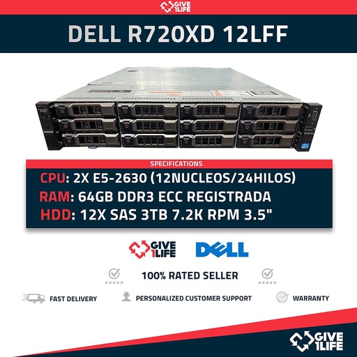 [565E] Servidor Rack DELL PowerEdge R720XD 12LFF 2xE5-2630+64GB+12X3TB+12CADDY 6HGV2