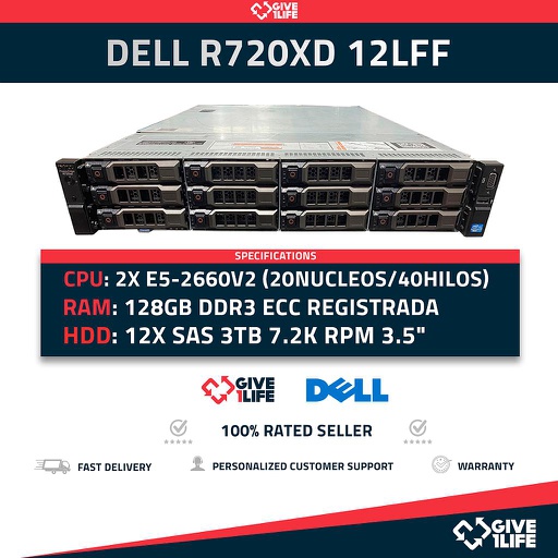 [567E] Servidor Rack DELL PowerEdge R720XD 12LFF 2xE5-2660V2+128GB+12X3TB+12CADDY 6HGV2