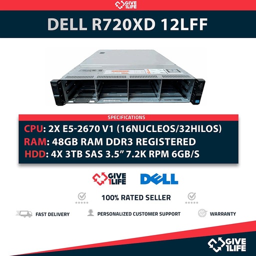 [588] Servidor DELL PowerEdge R720XD 12LFF 2xE5-2670 + 48GB +H710 + 12TB + 4 CADDIES F238F