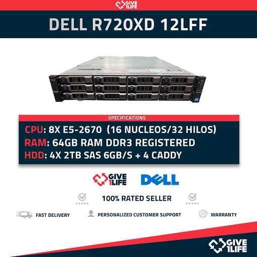 [588] Servidor DELL PowerEdge R720XD 12LFF 2xE5-2670 + 64GB +H710 + 8TB + 4 CADDIES F238F