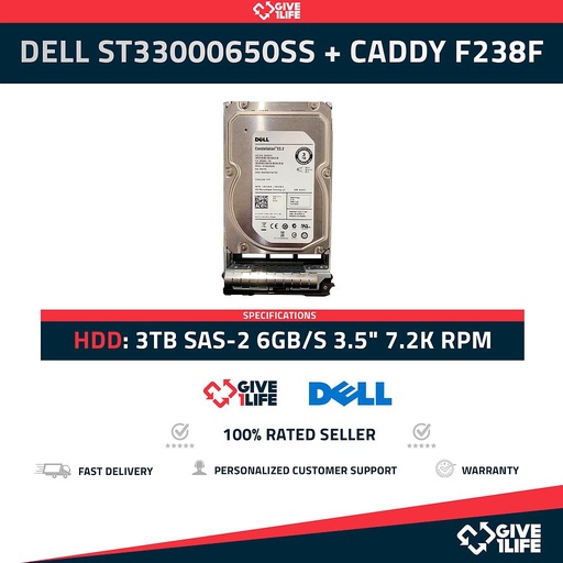 [620] DELL ST33000650SS HDD 3TB SAS-2 6GB/S 3.5" 7.2K RPM PN:91K8T + CADDY PN: F238F